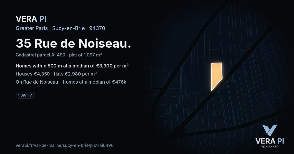 35 Rue de Noiseau, Sucy-en-Brie at night – the plot lit, the parcels around coloured by the prices near them