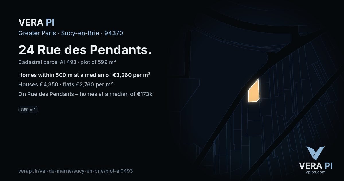 24 Rue des Pendants, Sucy-en-Brie at night – the plot lit, the parcels around coloured by the prices near them