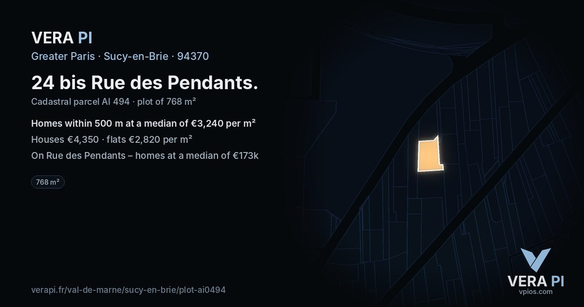 24 bis Rue des Pendants, Sucy-en-Brie at night – the plot lit, the parcels around coloured by the prices near them