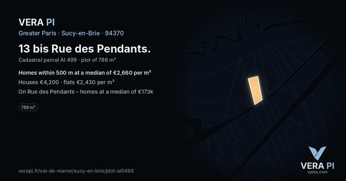 13 bis Rue des Pendants, Sucy-en-Brie at night – the plot lit, the parcels around coloured by the prices near them