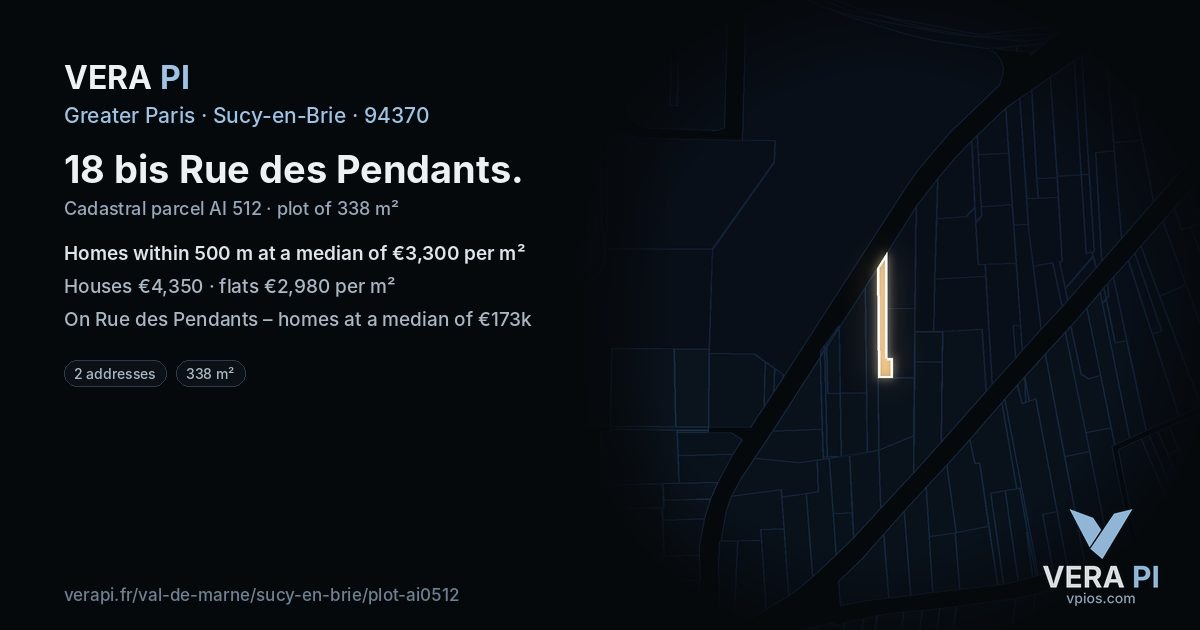 18 bis Rue des Pendants, Sucy-en-Brie at night – the plot lit, the parcels around coloured by the prices near them
