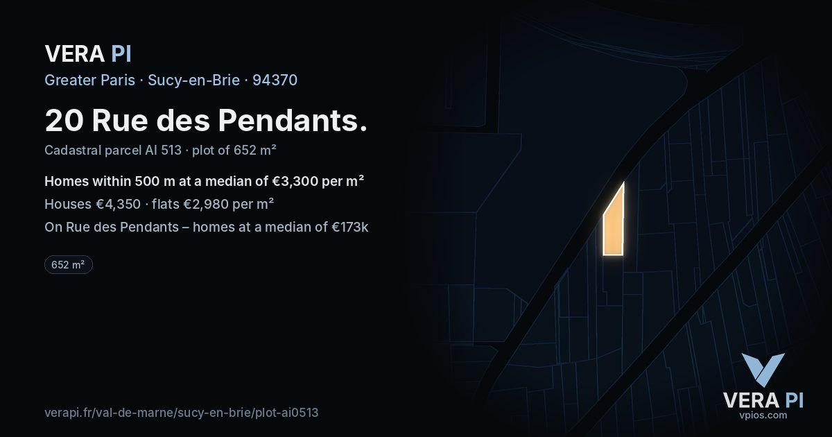 20 Rue des Pendants, Sucy-en-Brie at night – the plot lit, the parcels around coloured by the prices near them