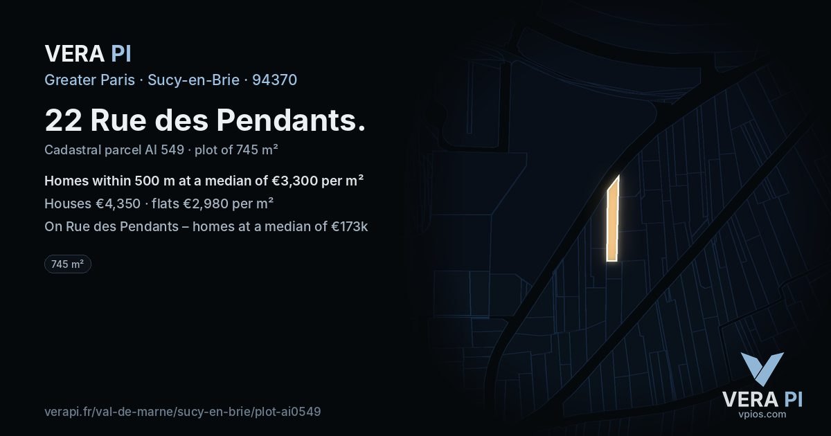 22 Rue des Pendants, Sucy-en-Brie at night – the plot lit, the parcels around coloured by the prices near them