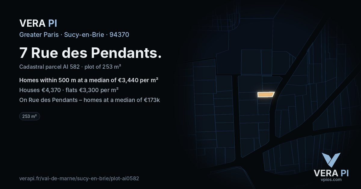 7 Rue des Pendants, Sucy-en-Brie at night – the plot lit, the parcels around coloured by the prices near them