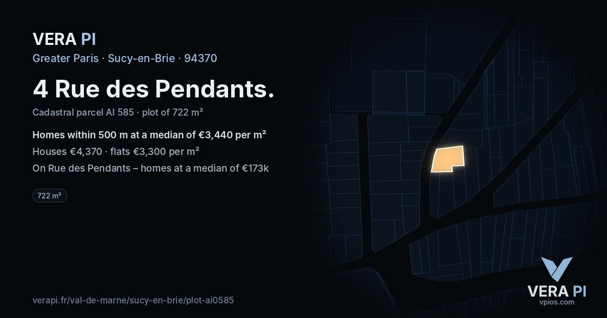4 Rue des Pendants, Sucy-en-Brie at night – the plot lit, the parcels around coloured by the prices near them