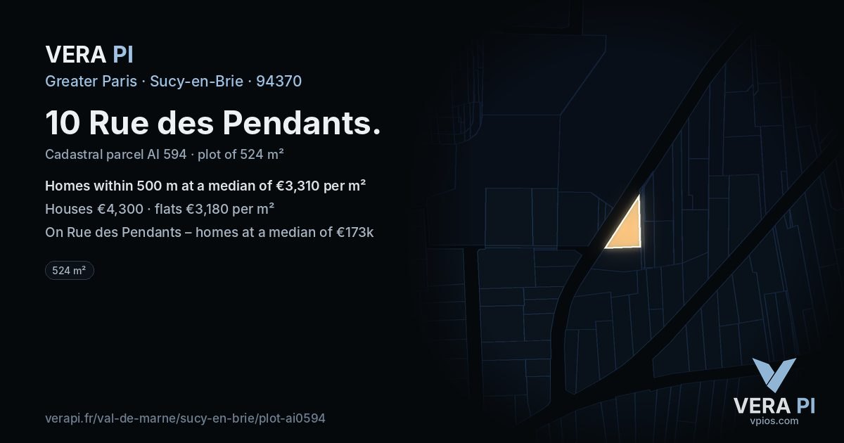 10 Rue des Pendants, Sucy-en-Brie at night – the plot lit, the parcels around coloured by the prices near them