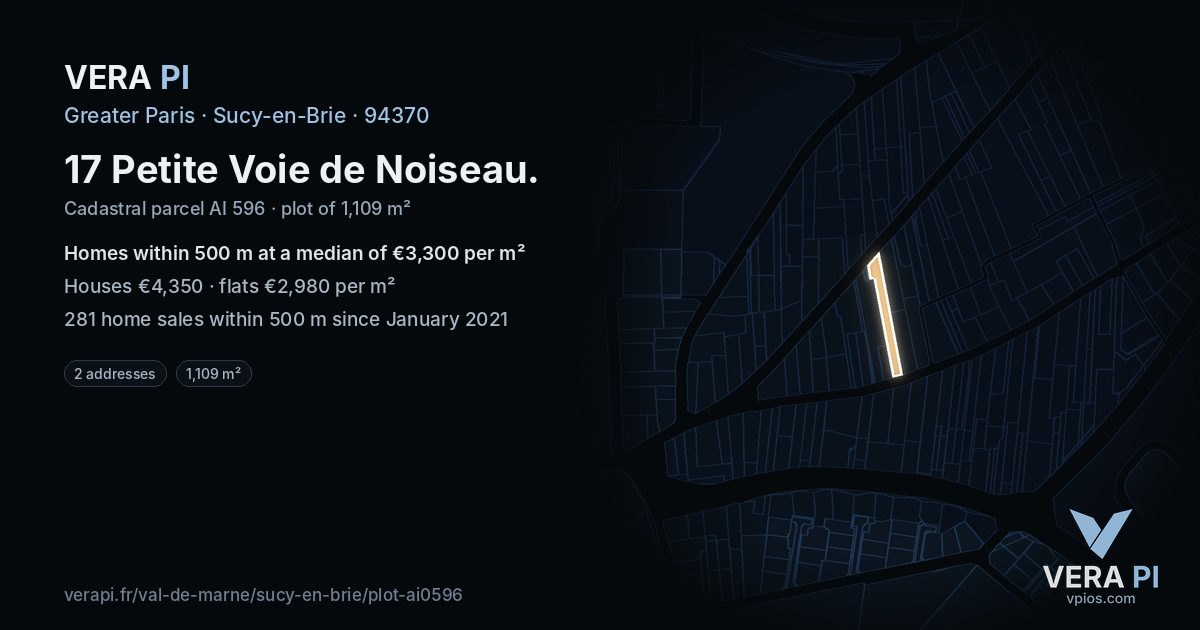 17 Petite Voie de Noiseau, Sucy-en-Brie at night – the plot lit, the parcels around coloured by the prices near them