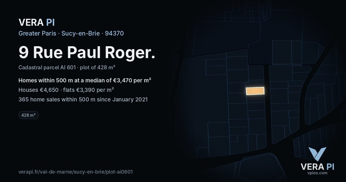9 Rue Paul Roger, Sucy-en-Brie at night – the plot lit, the parcels around coloured by the prices near them