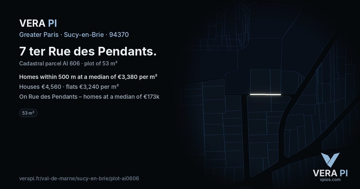 7 ter Rue des Pendants, Sucy-en-Brie at night – the plot lit, the parcels around coloured by the prices near them