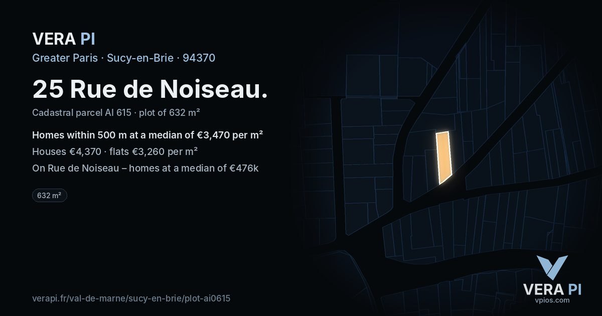 25 Rue de Noiseau, Sucy-en-Brie at night – the plot lit, the parcels around coloured by the prices near them