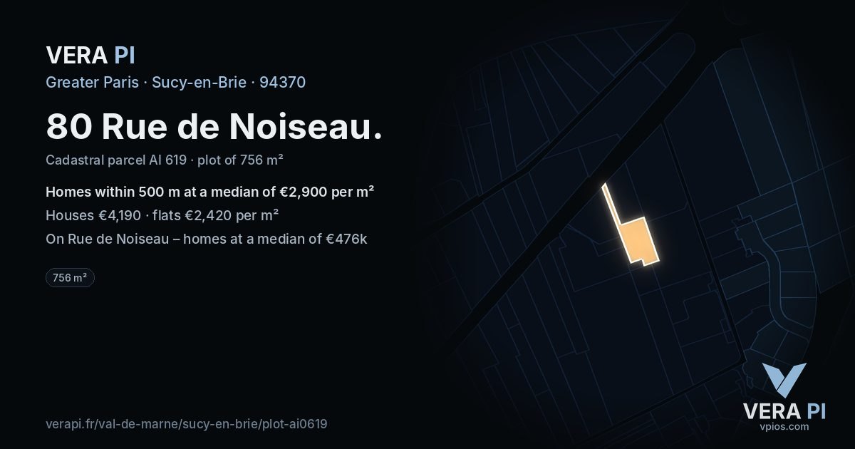 80 Rue de Noiseau, Sucy-en-Brie at night – the plot lit, the parcels around coloured by the prices near them