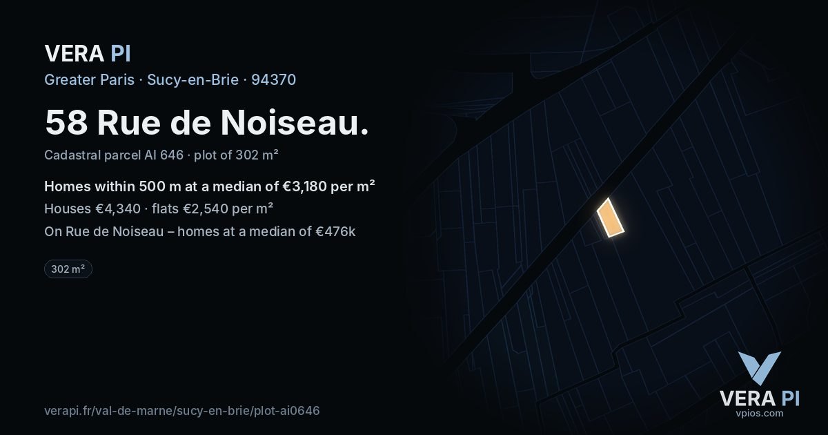 58 Rue de Noiseau, Sucy-en-Brie at night – the plot lit, the parcels around coloured by the prices near them