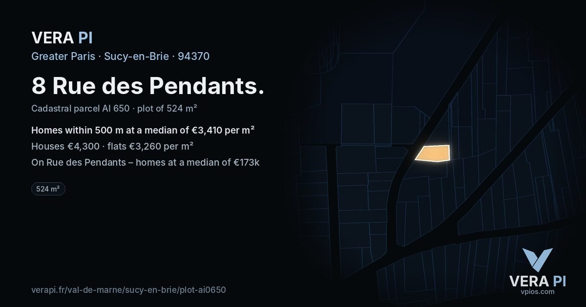 8 Rue des Pendants, Sucy-en-Brie at night – the plot lit, the parcels around coloured by the prices near them