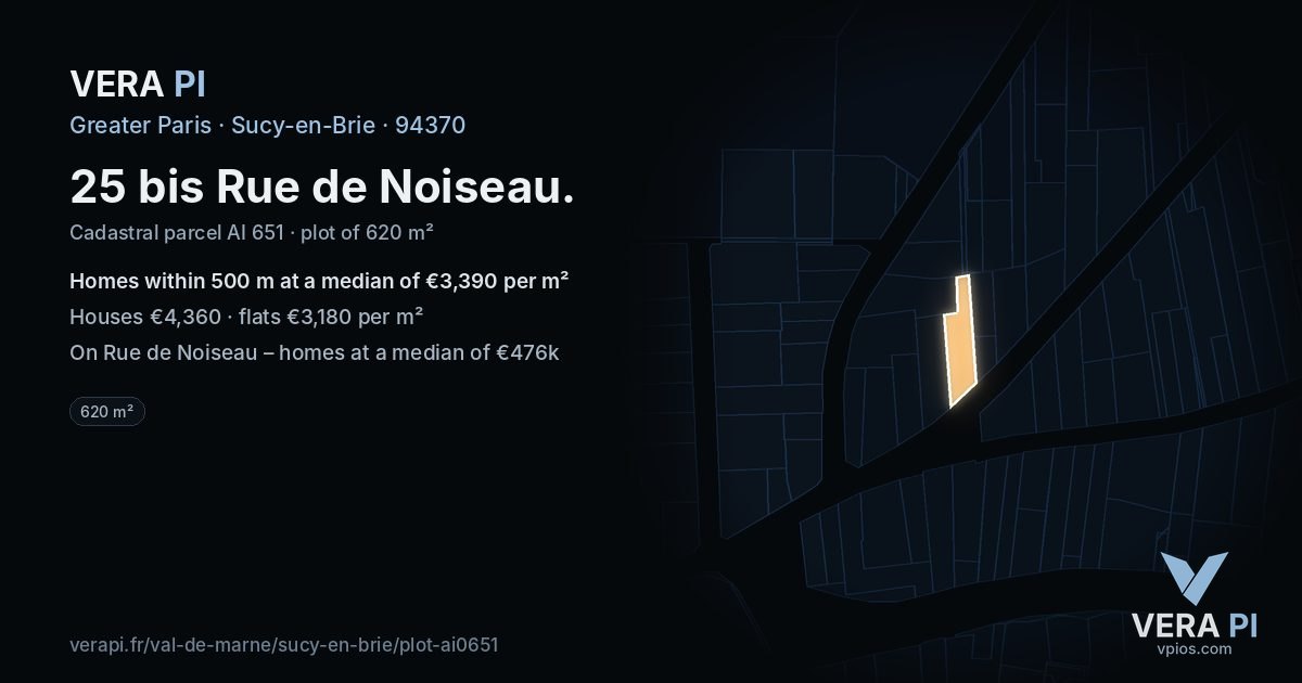 25 bis Rue de Noiseau, Sucy-en-Brie at night – the plot lit, the parcels around coloured by the prices near them