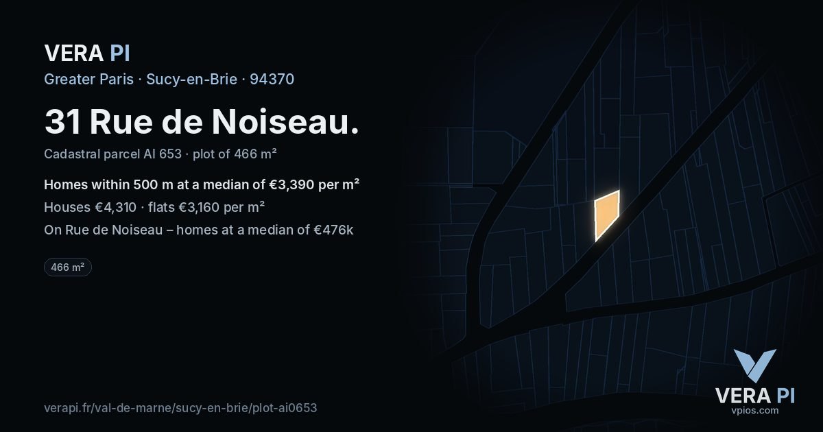 31 Rue de Noiseau, Sucy-en-Brie at night – the plot lit, the parcels around coloured by the prices near them