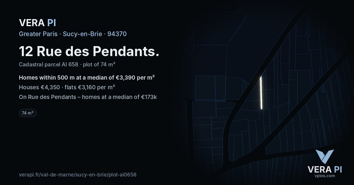 12 Rue des Pendants, Sucy-en-Brie at night – the plot lit, the parcels around coloured by the prices near them
