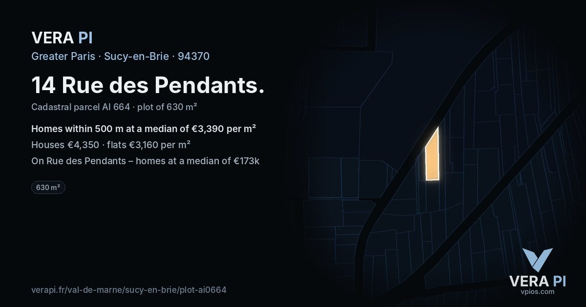 14 Rue des Pendants, Sucy-en-Brie at night – the plot lit, the parcels around coloured by the prices near them