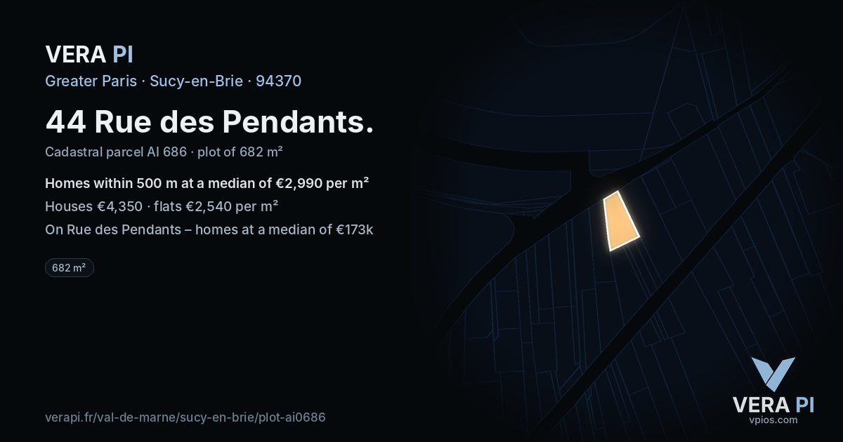 44 Rue des Pendants, Sucy-en-Brie at night – the plot lit, the parcels around coloured by the prices near them