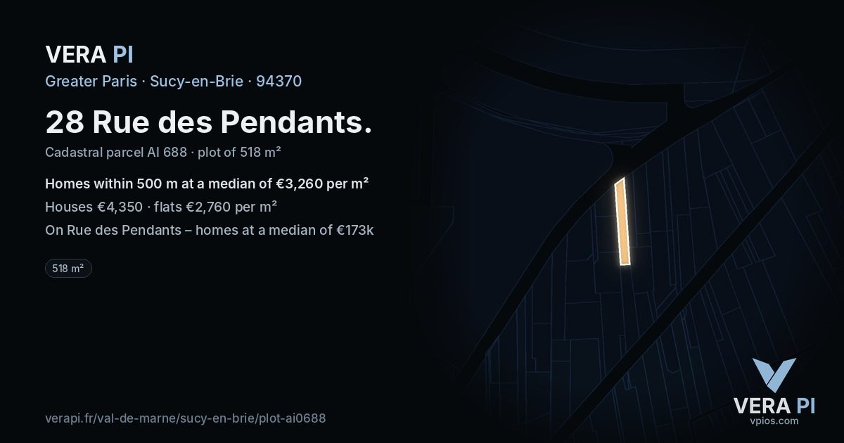 28 Rue des Pendants, Sucy-en-Brie at night – the plot lit, the parcels around coloured by the prices near them