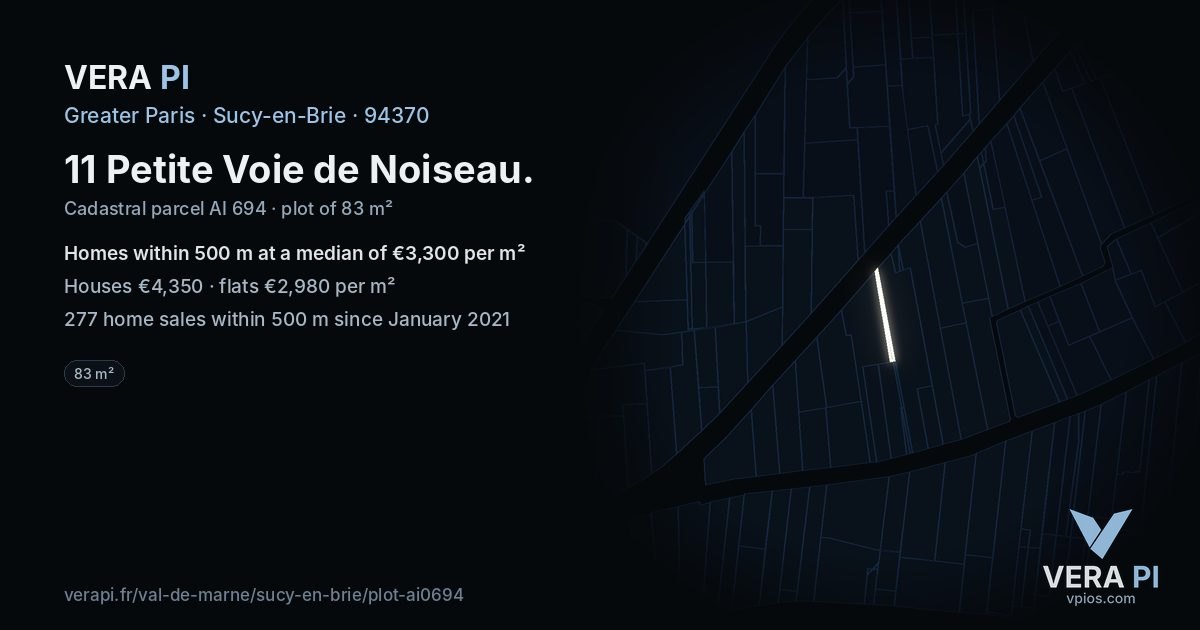 11 Petite Voie de Noiseau, Sucy-en-Brie at night – the plot lit, the parcels around coloured by the prices near them