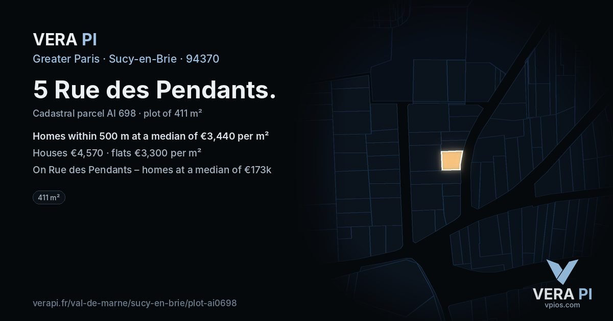 5 Rue des Pendants, Sucy-en-Brie at night – the plot lit, the parcels around coloured by the prices near them