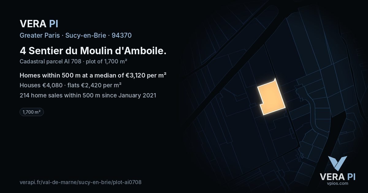 4 Sentier du Moulin d'Amboile, Sucy-en-Brie at night – the plot lit, the parcels around coloured by the prices near them