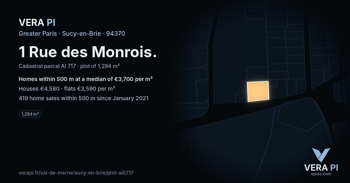1 Rue des Monrois, Sucy-en-Brie at night – the plot lit, the parcels around coloured by the prices near them
