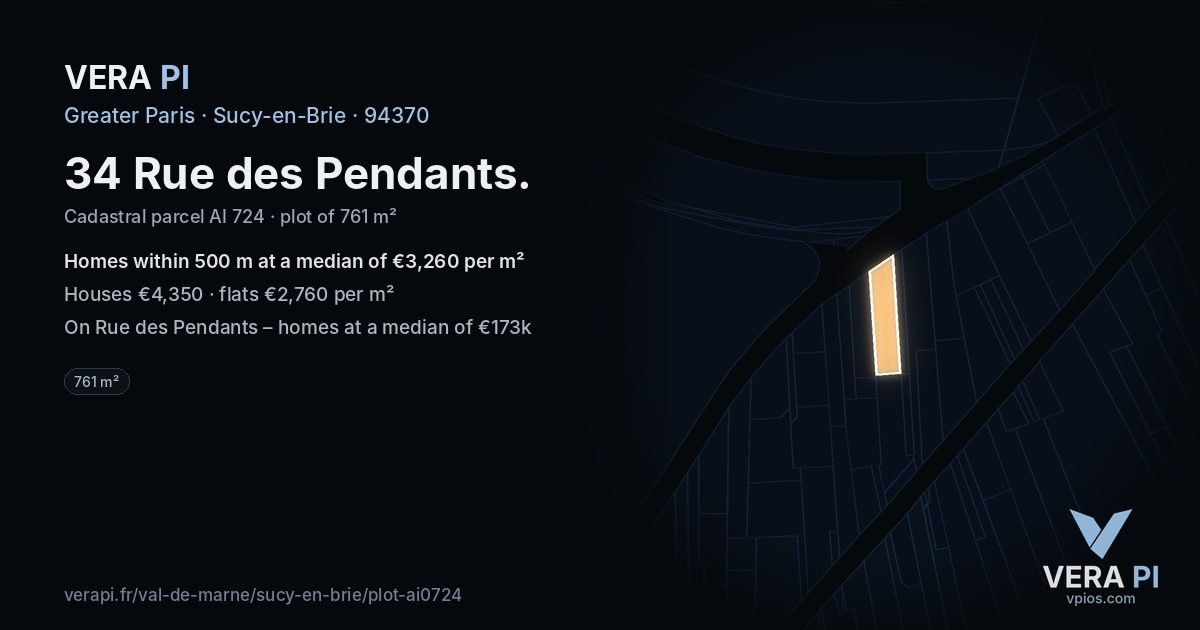 34 Rue des Pendants, Sucy-en-Brie at night – the plot lit, the parcels around coloured by the prices near them