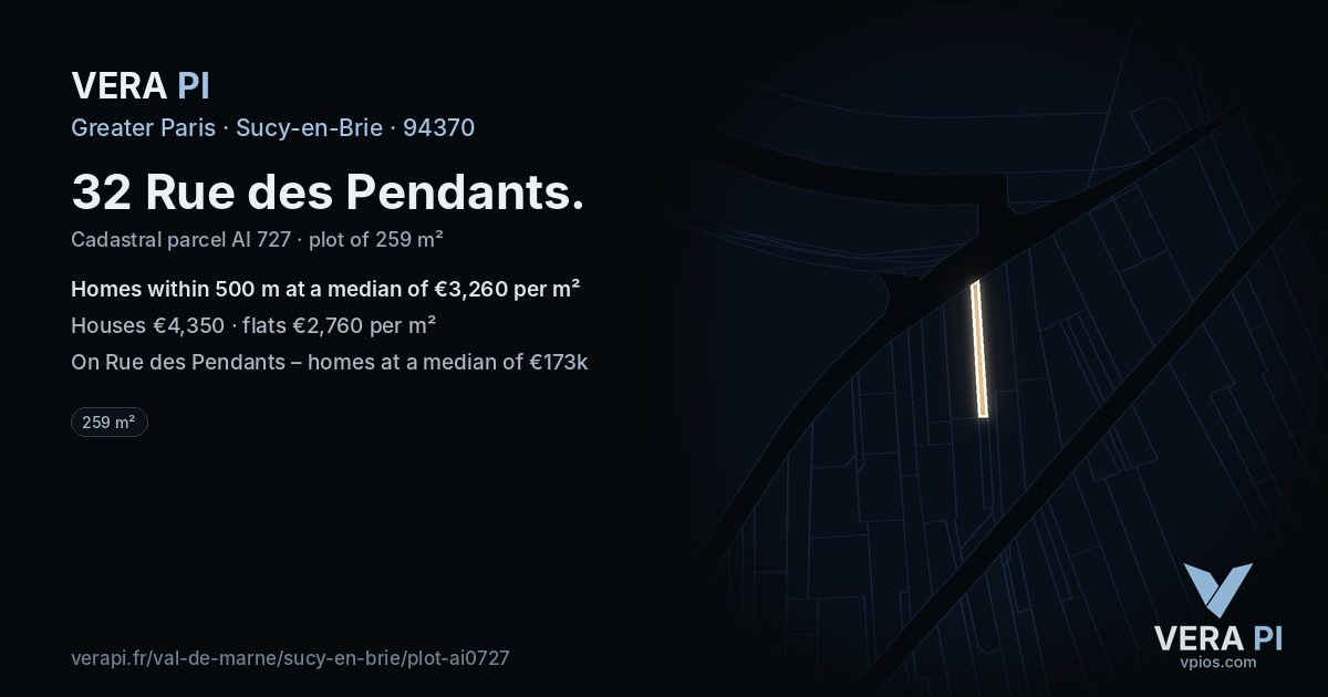32 Rue des Pendants, Sucy-en-Brie at night – the plot lit, the parcels around coloured by the prices near them