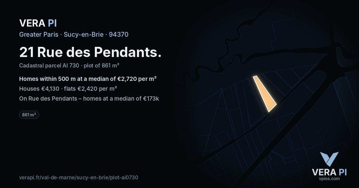 21 Rue des Pendants, Sucy-en-Brie at night – the plot lit, the parcels around coloured by the prices near them
