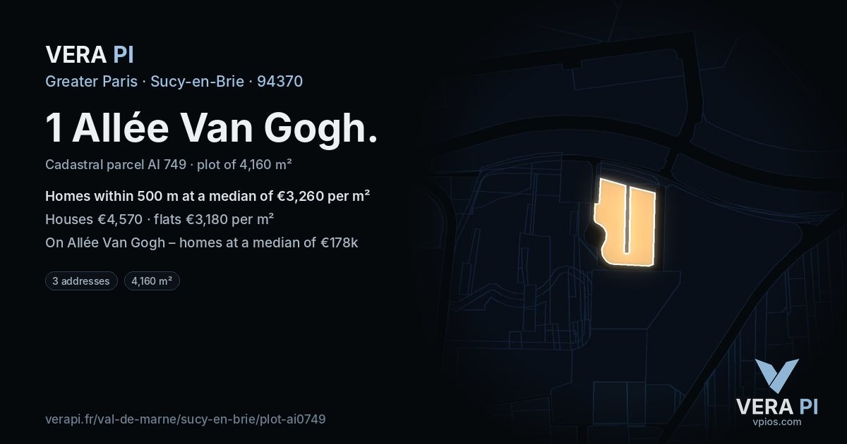 1 Allée Van Gogh, Sucy-en-Brie at night – the plot lit, the parcels around coloured by the prices near them