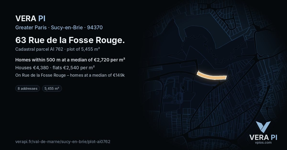 63 Rue de la Fosse Rouge, Sucy-en-Brie at night – the plot lit, the parcels around coloured by the prices near them