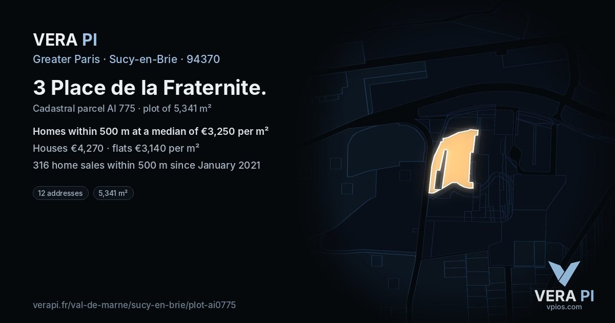 3 Place de la Fraternite, Sucy-en-Brie at night – the plot lit, the parcels around coloured by the prices near them