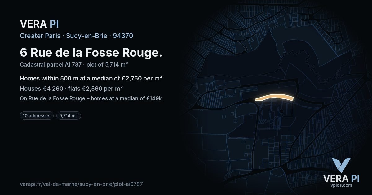 6 Rue de la Fosse Rouge, Sucy-en-Brie at night – the plot lit, the parcels around coloured by the prices near them