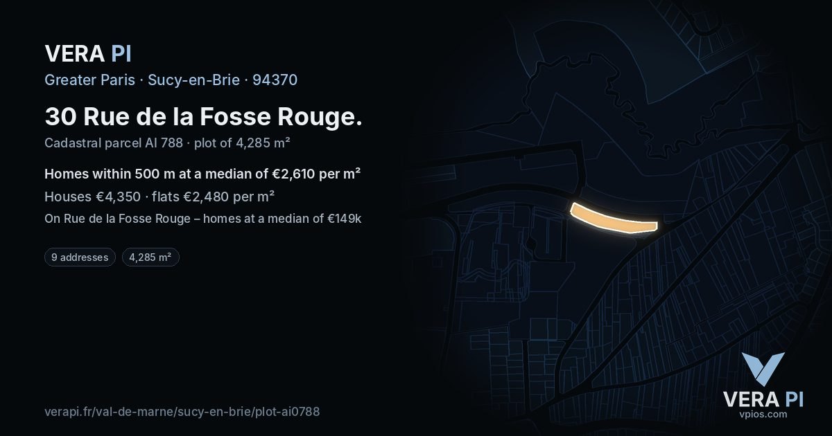 30 Rue de la Fosse Rouge, Sucy-en-Brie at night – the plot lit, the parcels around coloured by the prices near them