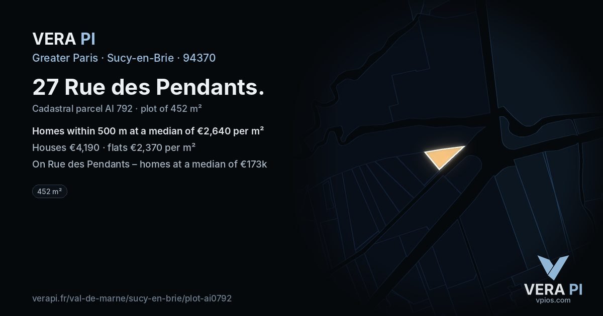 27 Rue des Pendants, Sucy-en-Brie at night – the plot lit, the parcels around coloured by the prices near them