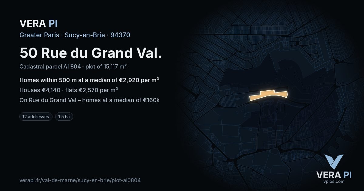 50 Rue du Grand Val, Sucy-en-Brie at night – the plot lit, the parcels around coloured by the prices near them