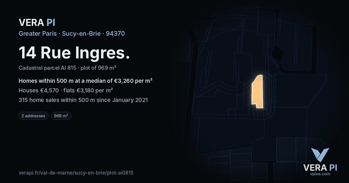 14 Rue Ingres, Sucy-en-Brie at night – the plot lit, the parcels around coloured by the prices near them