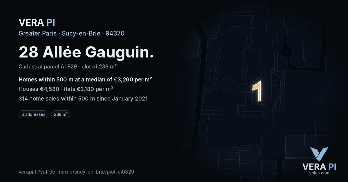 28 Allée Gauguin, Sucy-en-Brie at night – the plot lit, the parcels around coloured by the prices near them