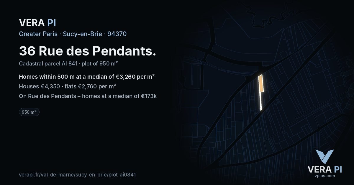 36 Rue des Pendants, Sucy-en-Brie at night – the plot lit, the parcels around coloured by the prices near them
