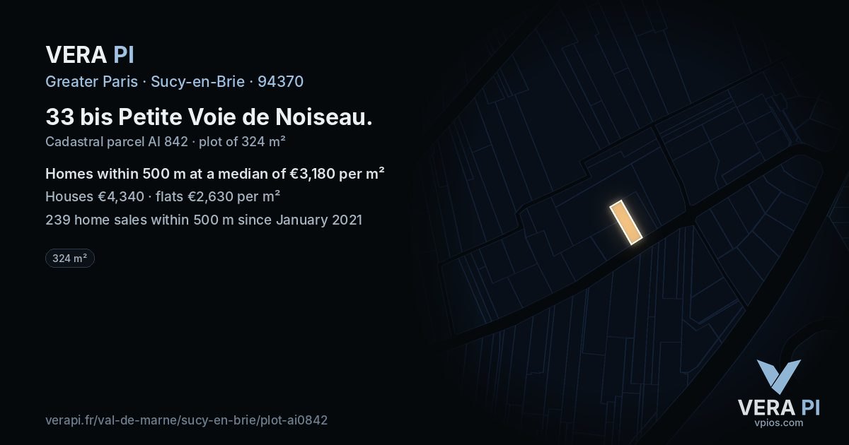 33 bis Petite Voie de Noiseau, Sucy-en-Brie at night – the plot lit, the parcels around coloured by the prices near them