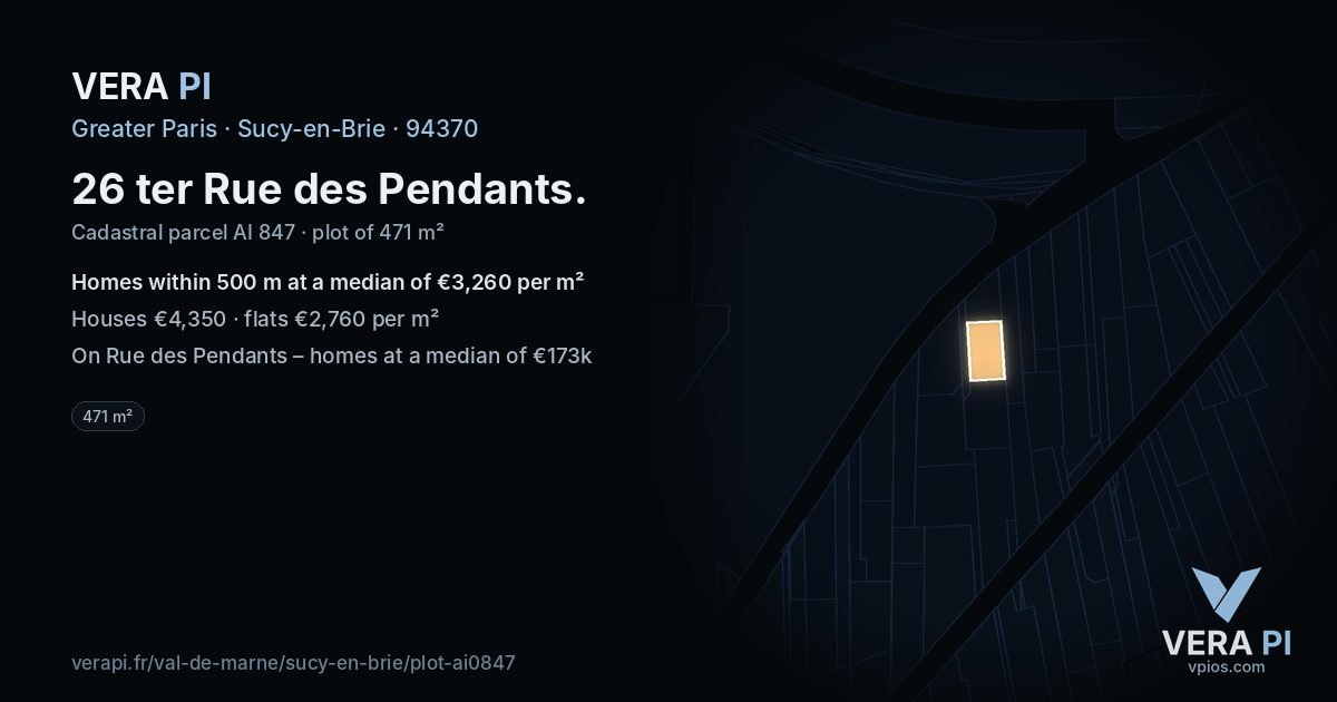 26 ter Rue des Pendants, Sucy-en-Brie at night – the plot lit, the parcels around coloured by the prices near them