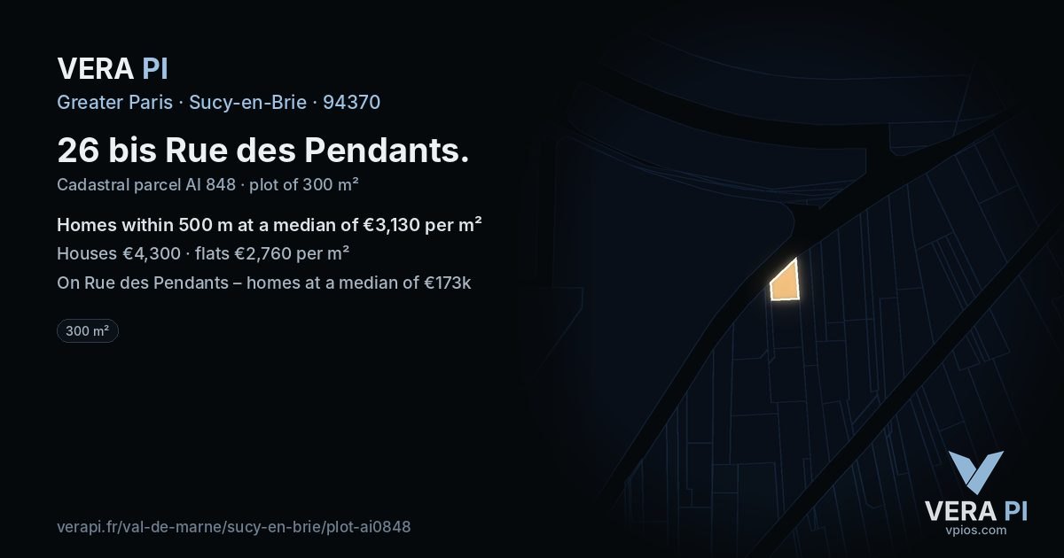 26 bis Rue des Pendants, Sucy-en-Brie at night – the plot lit, the parcels around coloured by the prices near them