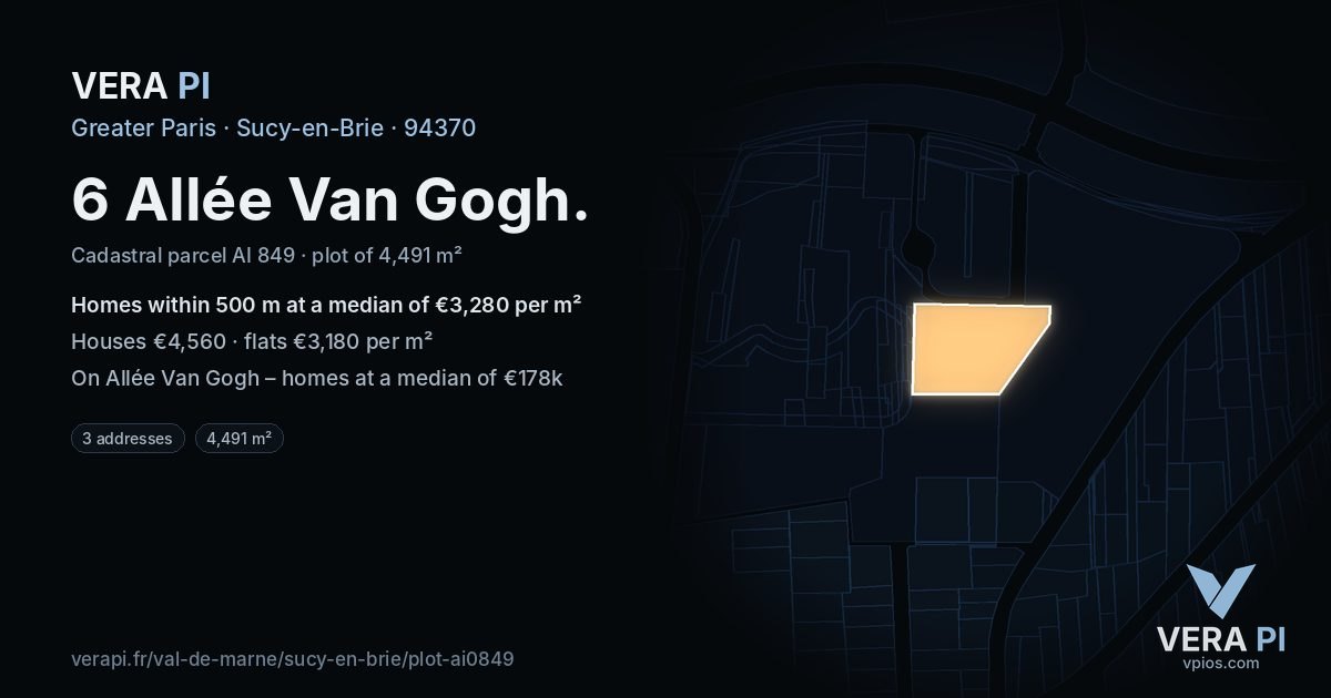 6 Allée Van Gogh, Sucy-en-Brie at night – the plot lit, the parcels around coloured by the prices near them