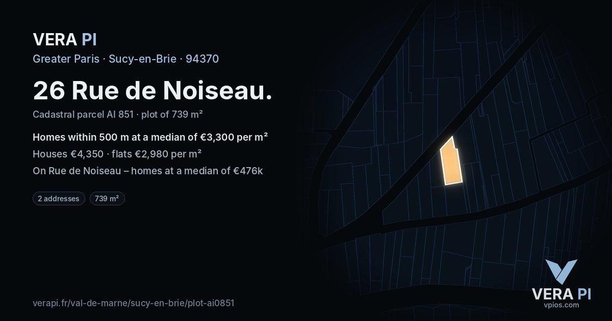 26 Rue de Noiseau, Sucy-en-Brie at night – the plot lit, the parcels around coloured by the prices near them