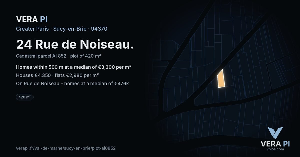 24 Rue de Noiseau, Sucy-en-Brie at night – the plot lit, the parcels around coloured by the prices near them