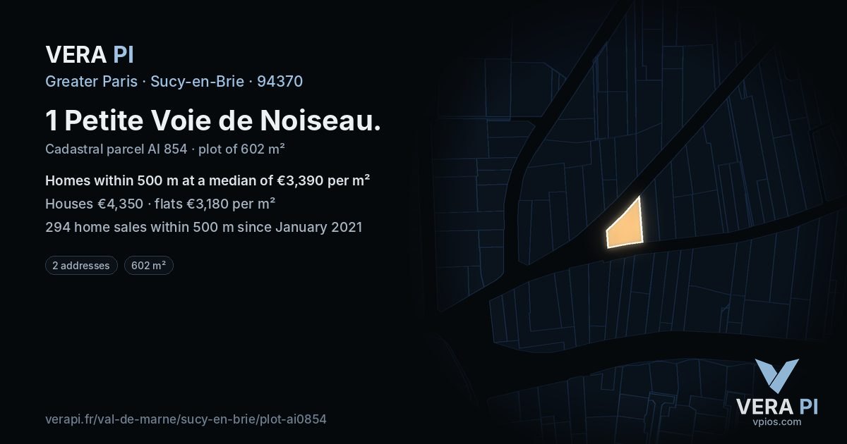 1 Petite Voie de Noiseau, Sucy-en-Brie at night – the plot lit, the parcels around coloured by the prices near them