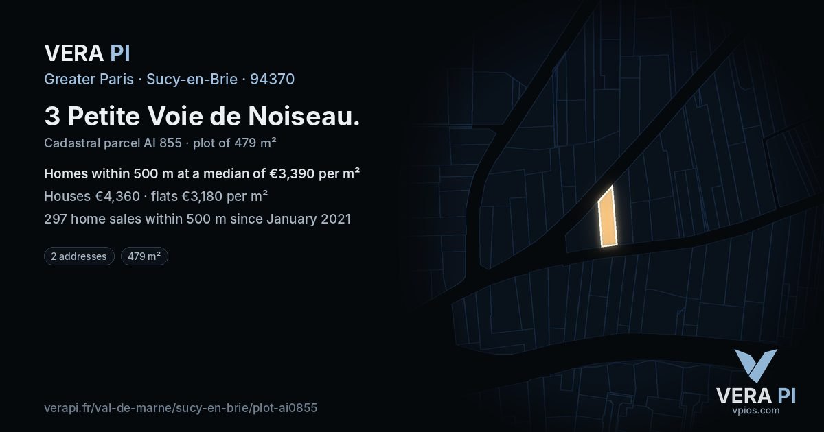 3 Petite Voie de Noiseau, Sucy-en-Brie at night – the plot lit, the parcels around coloured by the prices near them