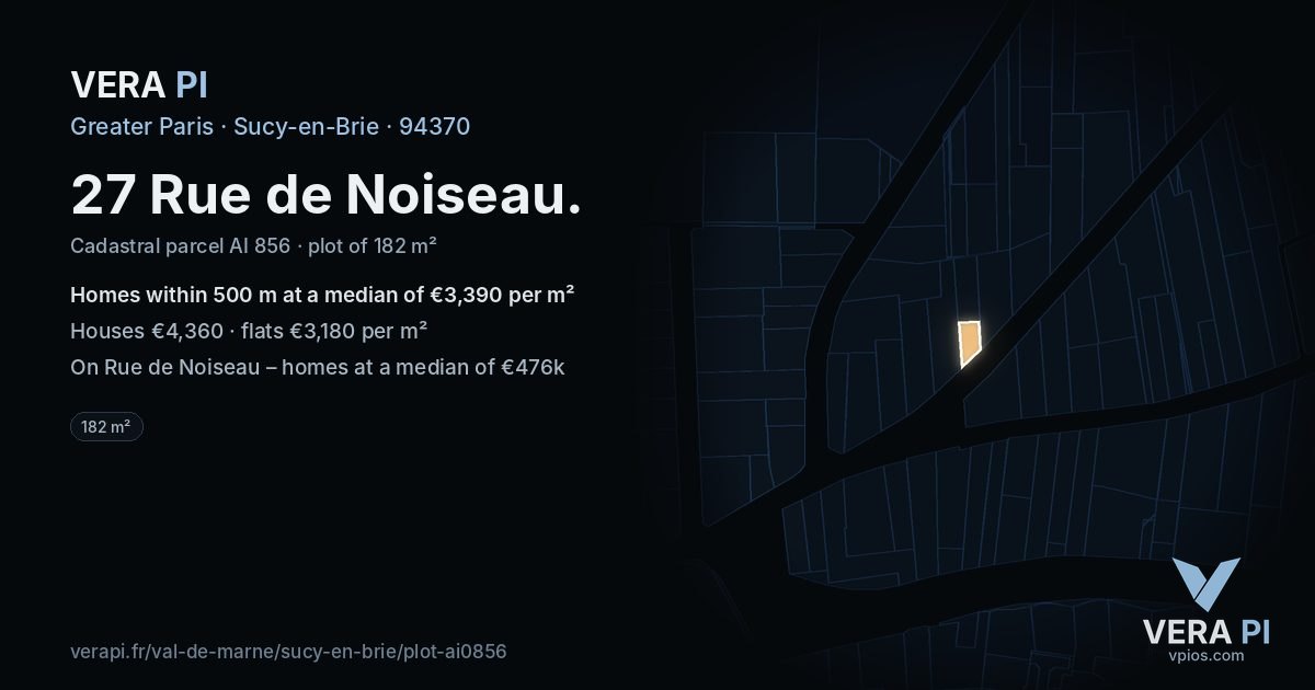27 Rue de Noiseau, Sucy-en-Brie at night – the plot lit, the parcels around coloured by the prices near them