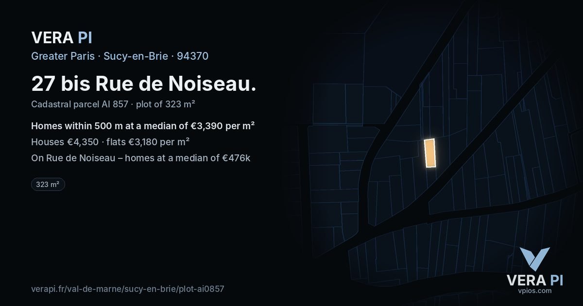 27 bis Rue de Noiseau, Sucy-en-Brie at night – the plot lit, the parcels around coloured by the prices near them